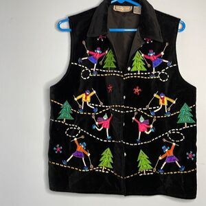 Life Style Embroidered Christmas Vest Black Velvet with Ice Skates Christmas Tee